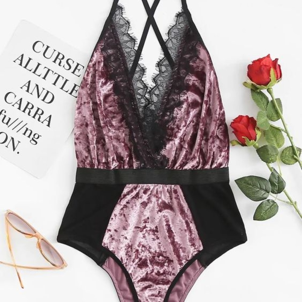NWOT Lace Trim Mesh Panel Velvet Teddy Bodysuit